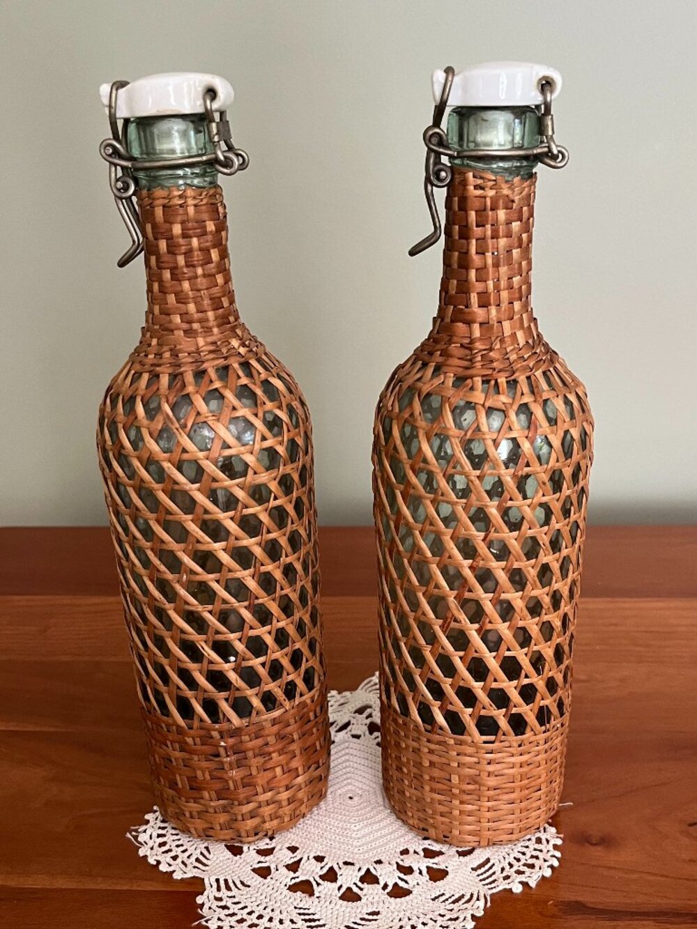 Pair of Vintage Wicker-wrapped Glass Bottles